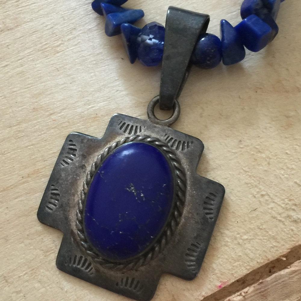 Blue Lapis Silver Pendant on Lapis Crystal Necklac